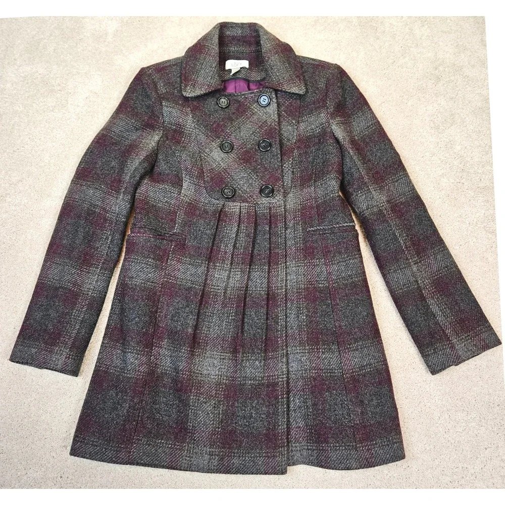 Ann Taylor LOFT Plaid Wool‎ Blend Double Breasted Fit Flare Coat Tailored Size 2